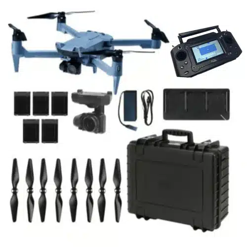 Blue quadcopter drone with camera, remote controller, extra batteries, charger, propellers, and hard case.