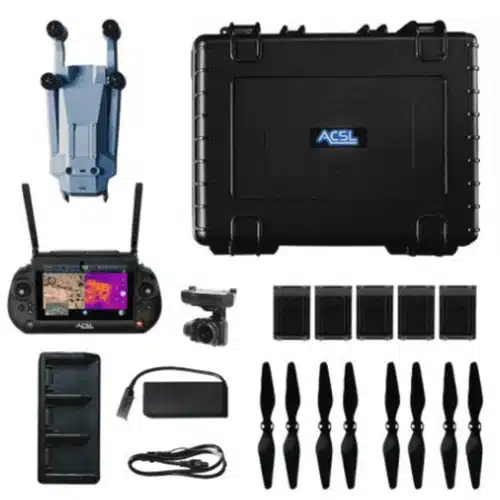 Quadcopter drone kit with remote controller, spare propellers, extra batteries, charging hub, a camera/gimbal, and a hard protective case.