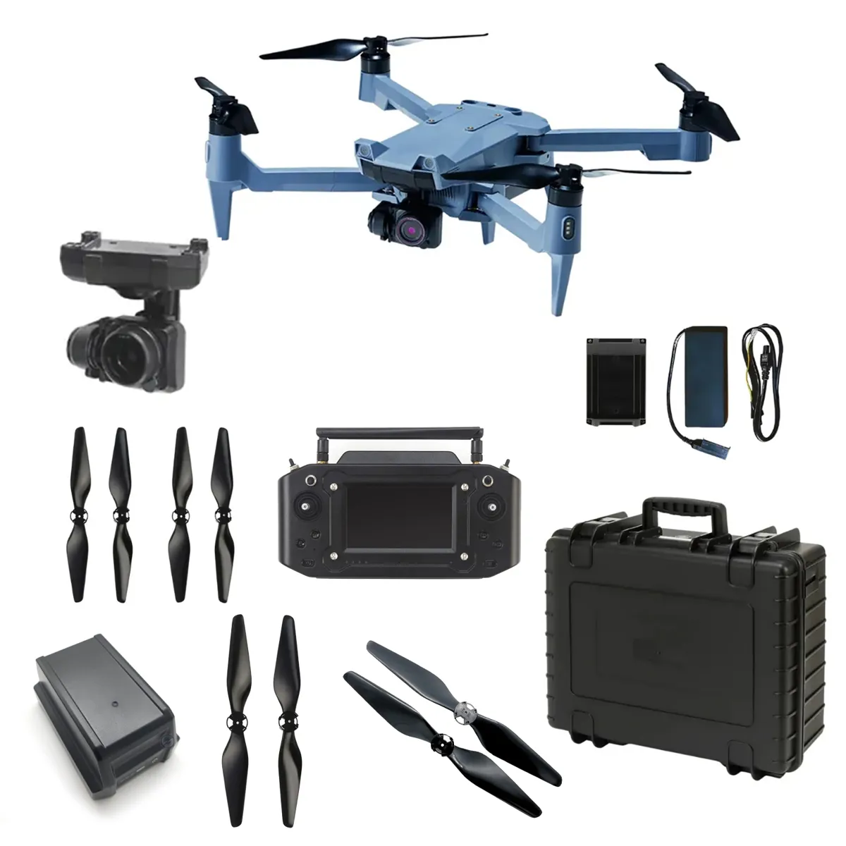 Blue quadcopter drone with attached camera, four propellers, and remote controller, plus spare propellers, batteries, charger, and rugged carrying case—assembly included.