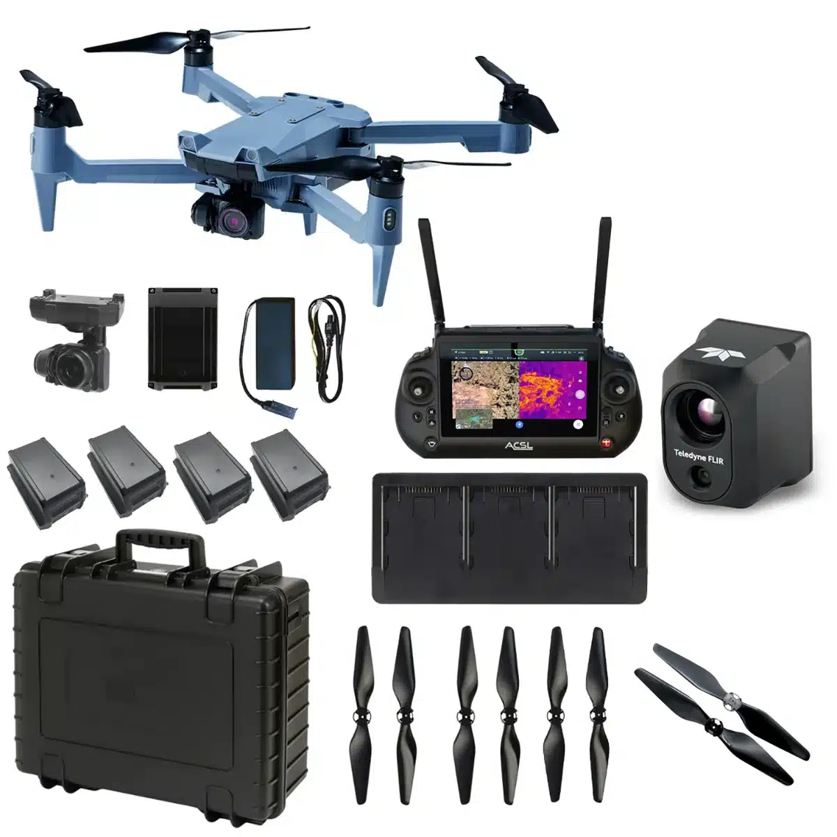 Blue quadcopter drone with camera and a full accessories kit: controller, extra batteries, chargers, props, case, and storage tray.